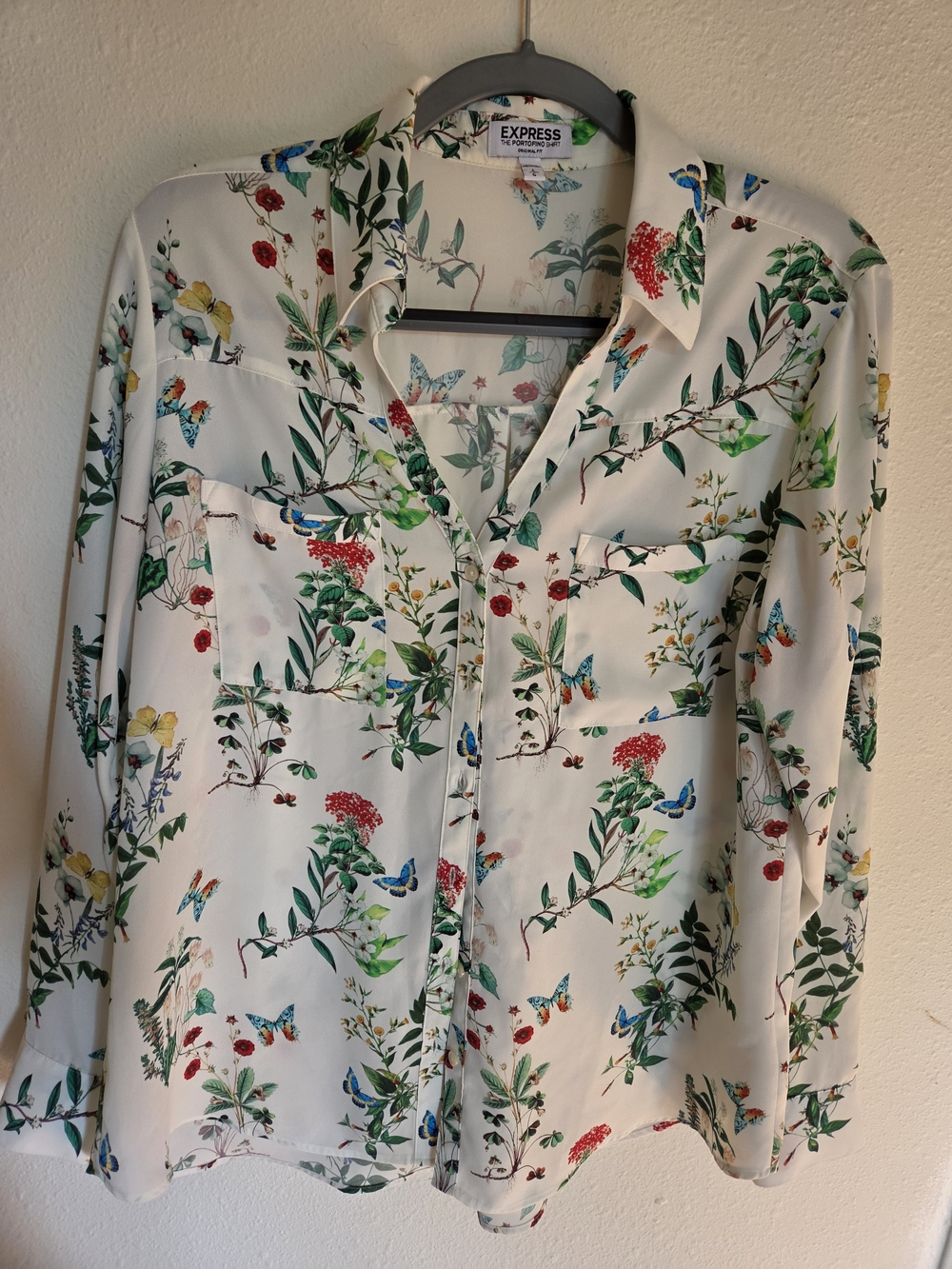 RARE Express White Floral Button-Up Blouse with Multicolor Botanical Print
